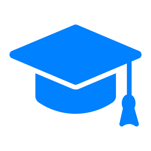 Blue graduation cap icon with tassel on right side.