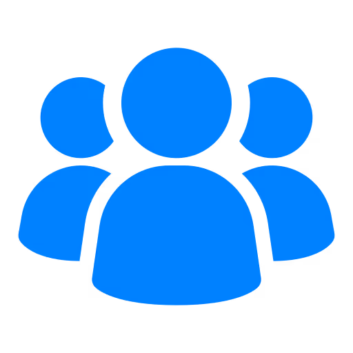 Blue icon of three people representing a group or community.