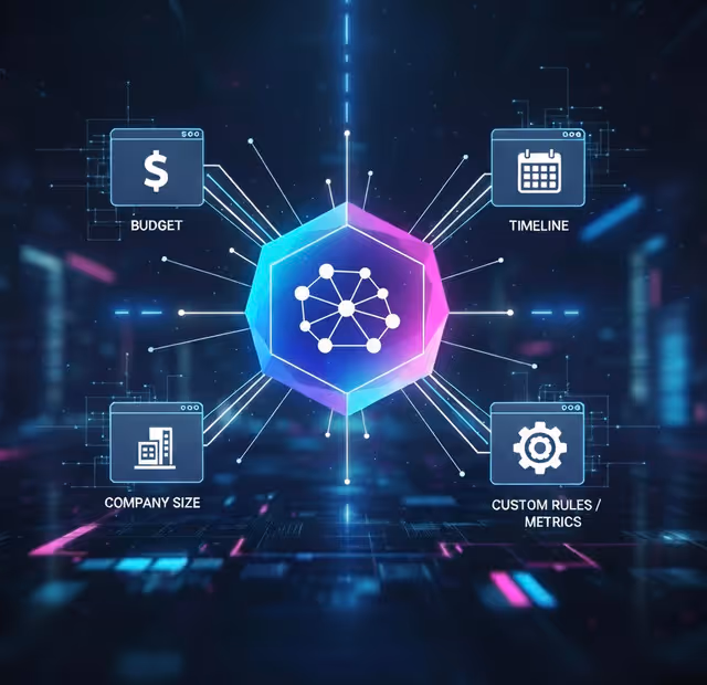 Digital illustration of a central hexagonal network hub connected to four labeled icons: budget, timeline, company size, and custom rules/metrics.