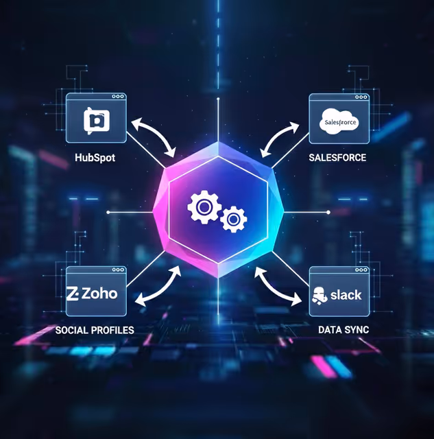 Central glowing hexagon with gears icon connected by arrows to four software logos: HubSpot, Salesforce, Zoho labeled social profiles, and Slack labeled data sync.