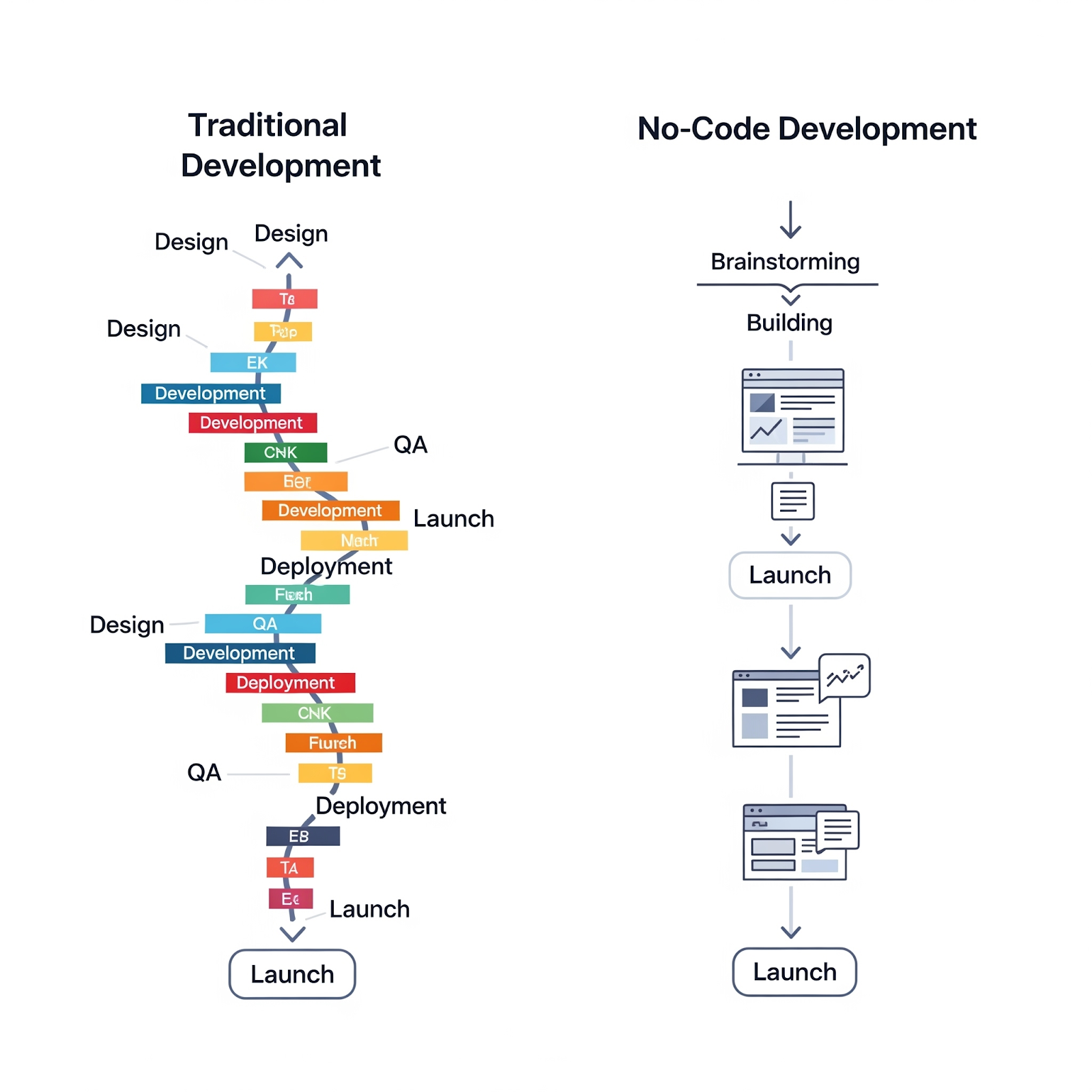 Comparison of traditional vs. no-code website development timelines, highlighting faster launch with no-code.