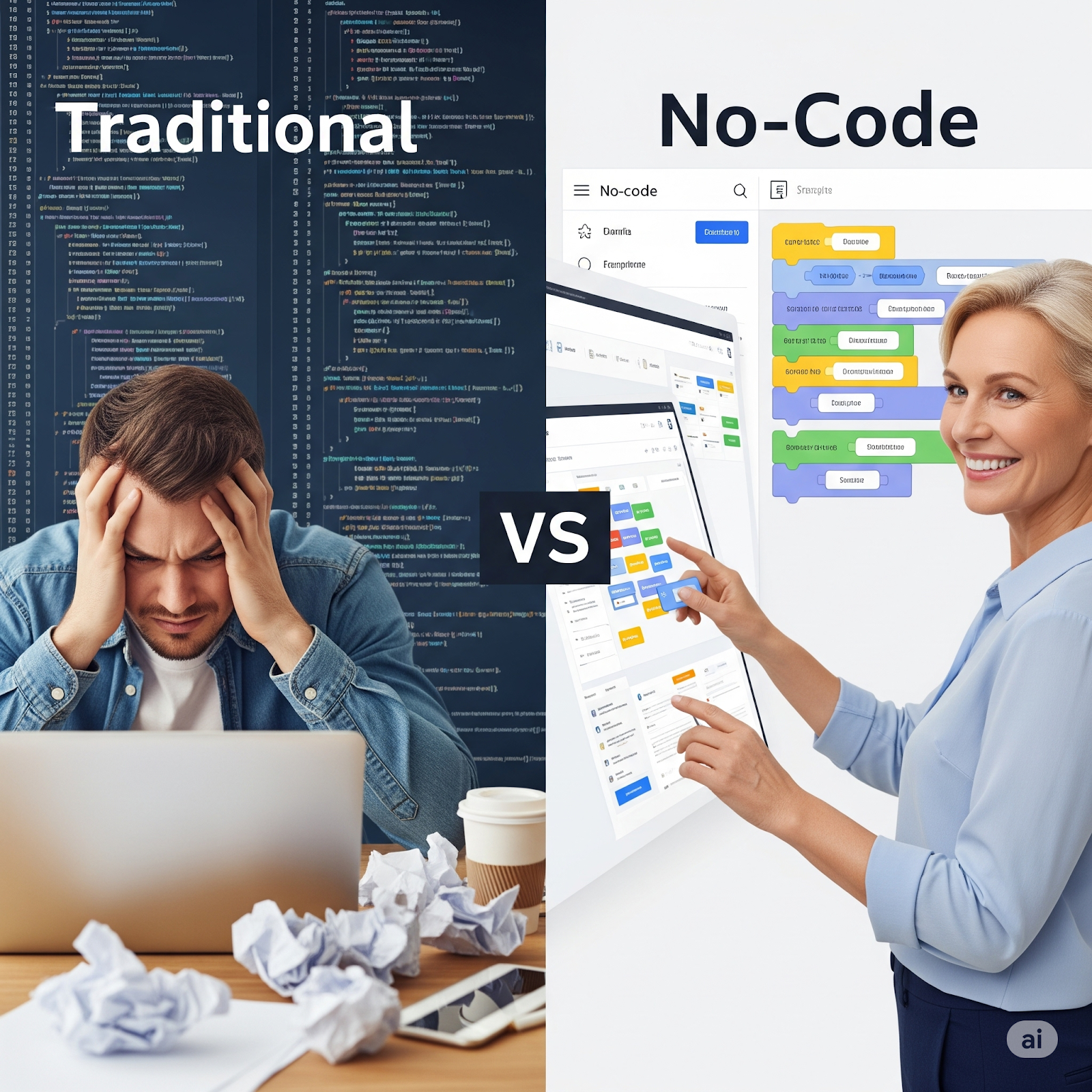 No-code website development simplifies creation compared to complex traditional coding.