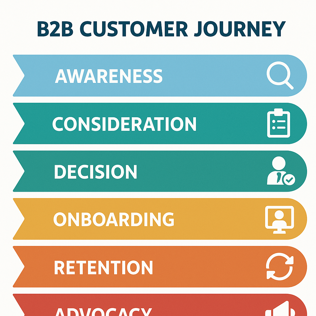 Visual representation of B2B customer journey stages awareness, consideration, decision, onboarding, retention, advocacy, with associated actions and touchpoints.