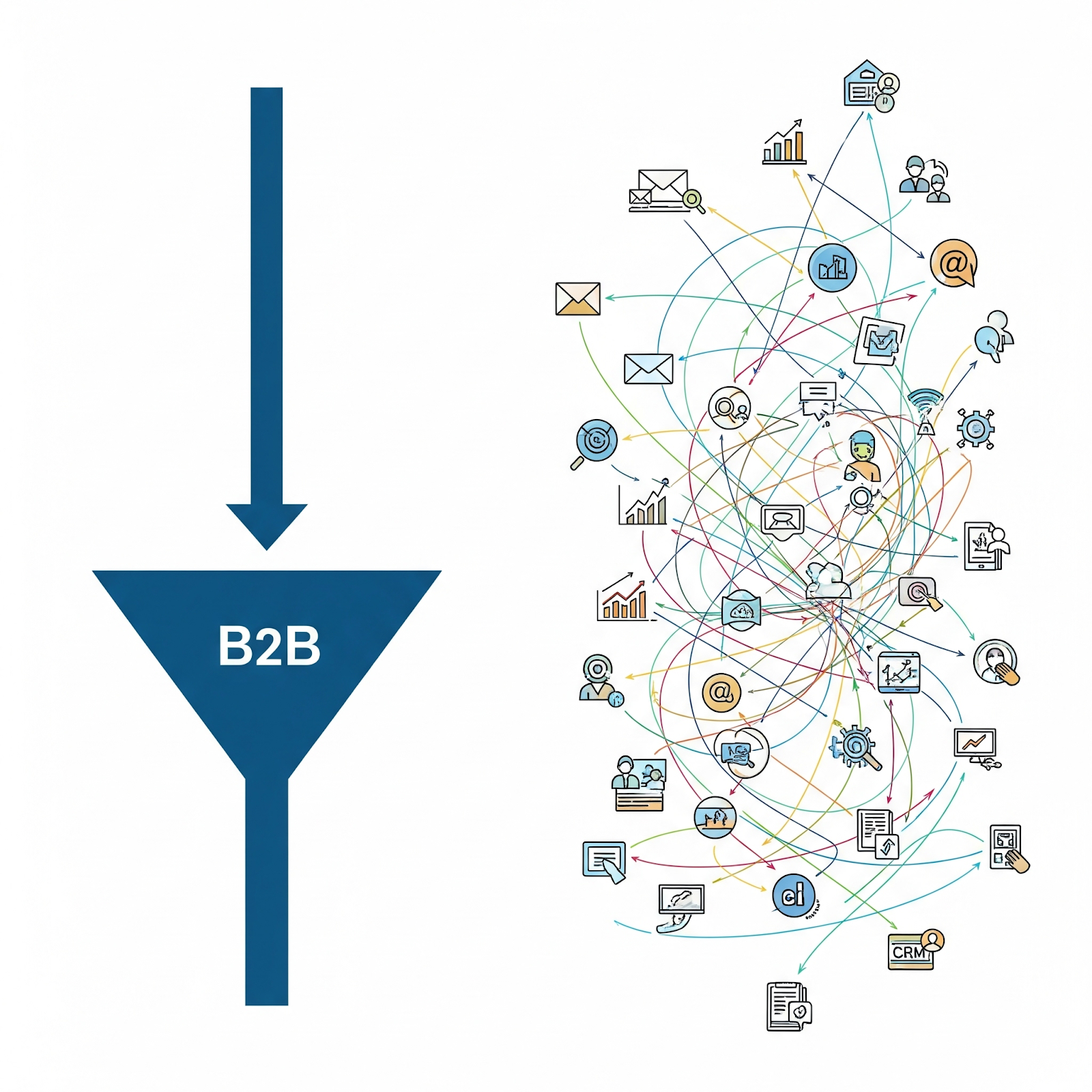 Comparison of traditional linear sales funnel versus complex modern B2B customer journey with digital interactions.