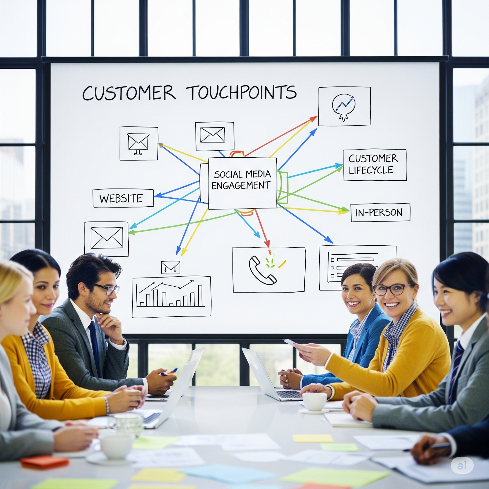 Brainstorming customer touchpoints for B2B customer journey mapping.