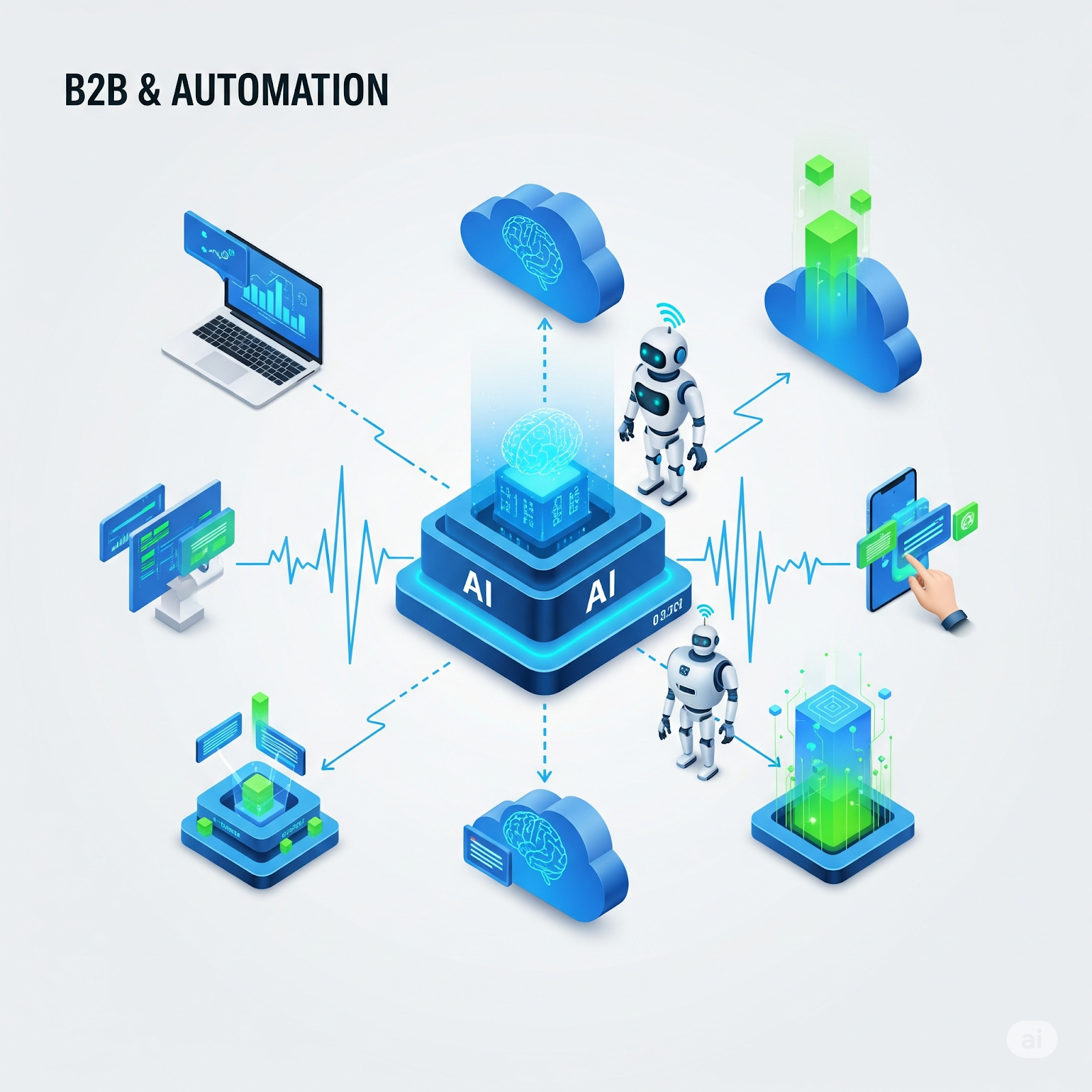 AI and automation optimizing B2B customer journey through data analytics, personalized interactions, and integrated systems.