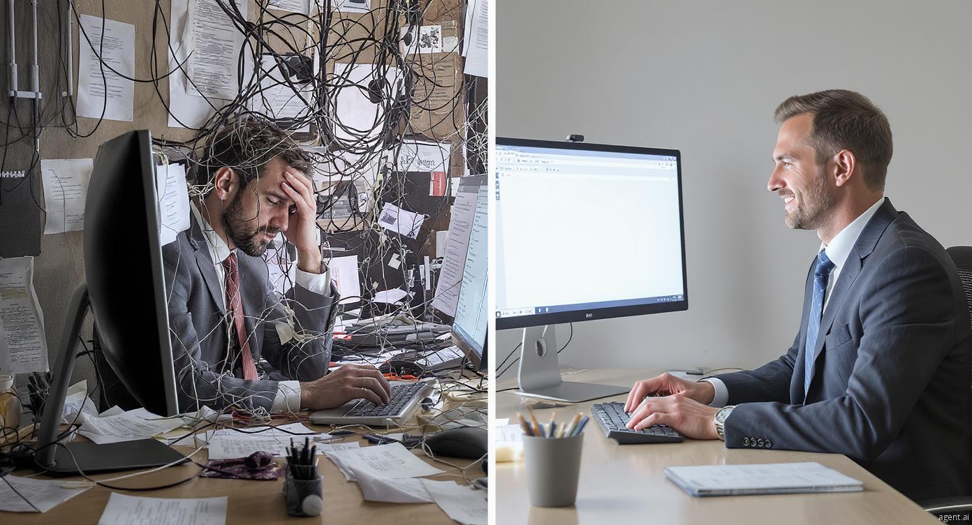 Before and after visual B2B professional overwhelmed by a problem versus a clear, efficient solution.