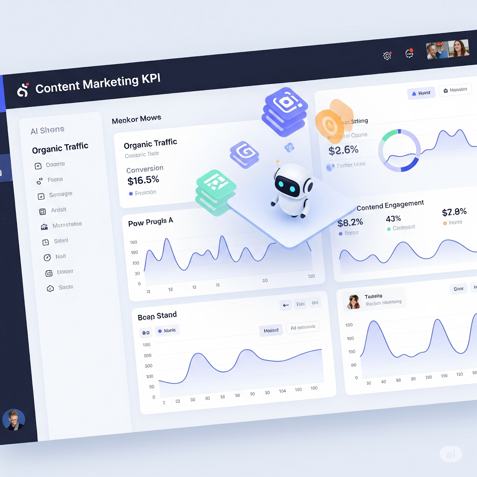 Dashboard showing B2B content performance metrics and KPIs, with AI-driven insights for optimization.