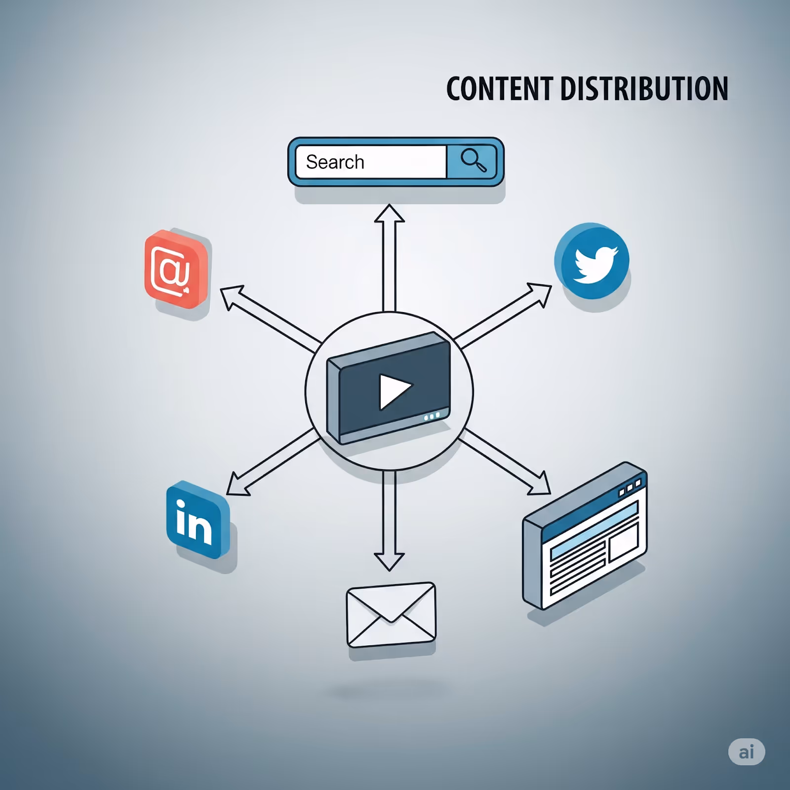 B2B content distribution channels SEO, social media, email marketing, and website publishing.