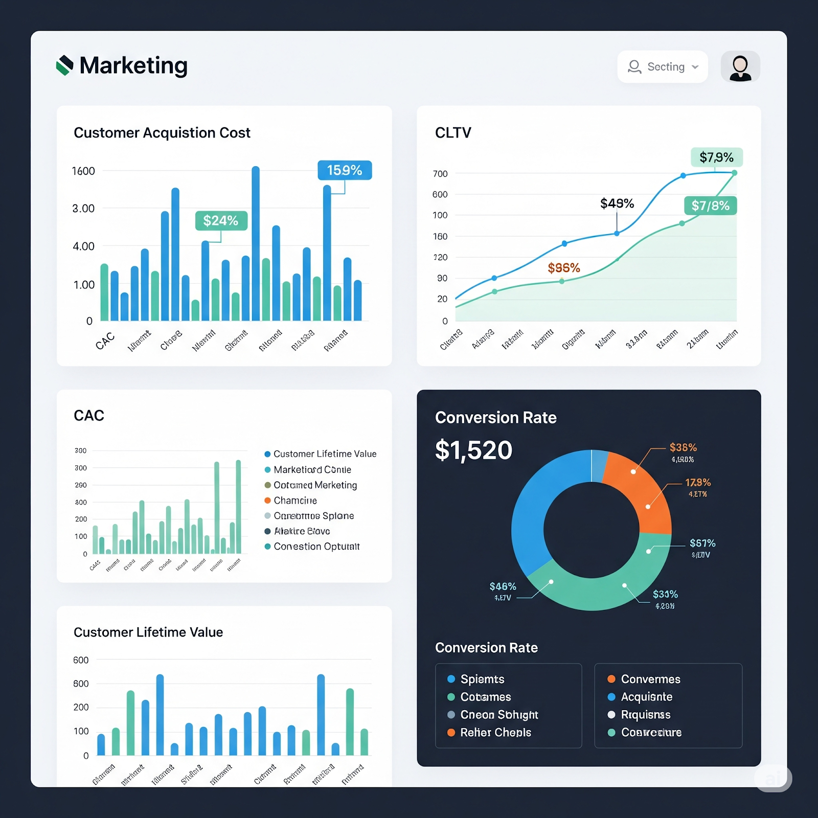 Growth marketing analytics dashboard showing key performance indicators like customer acquisition cost, lifetime value, and conversion rates.