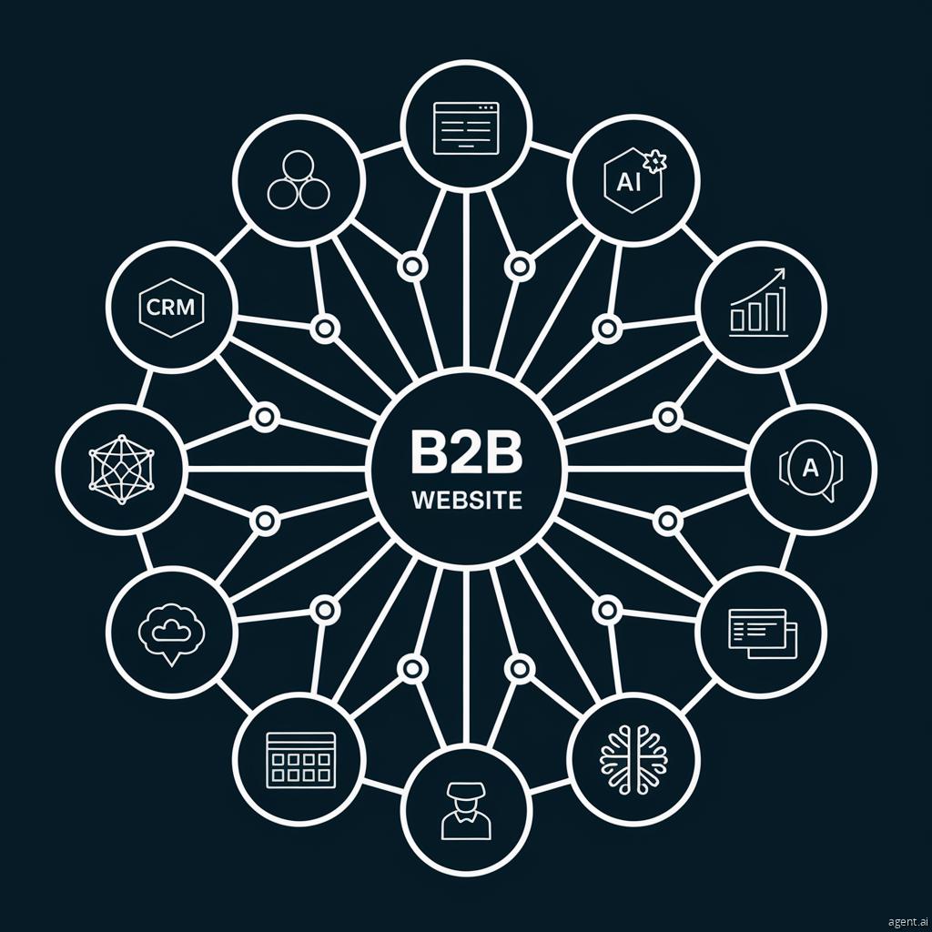 Diagram illustrating a no-code B2B website's seamless integration with CRM, marketing automation, analytics, and external APIs for enhanced functionality and lead generation