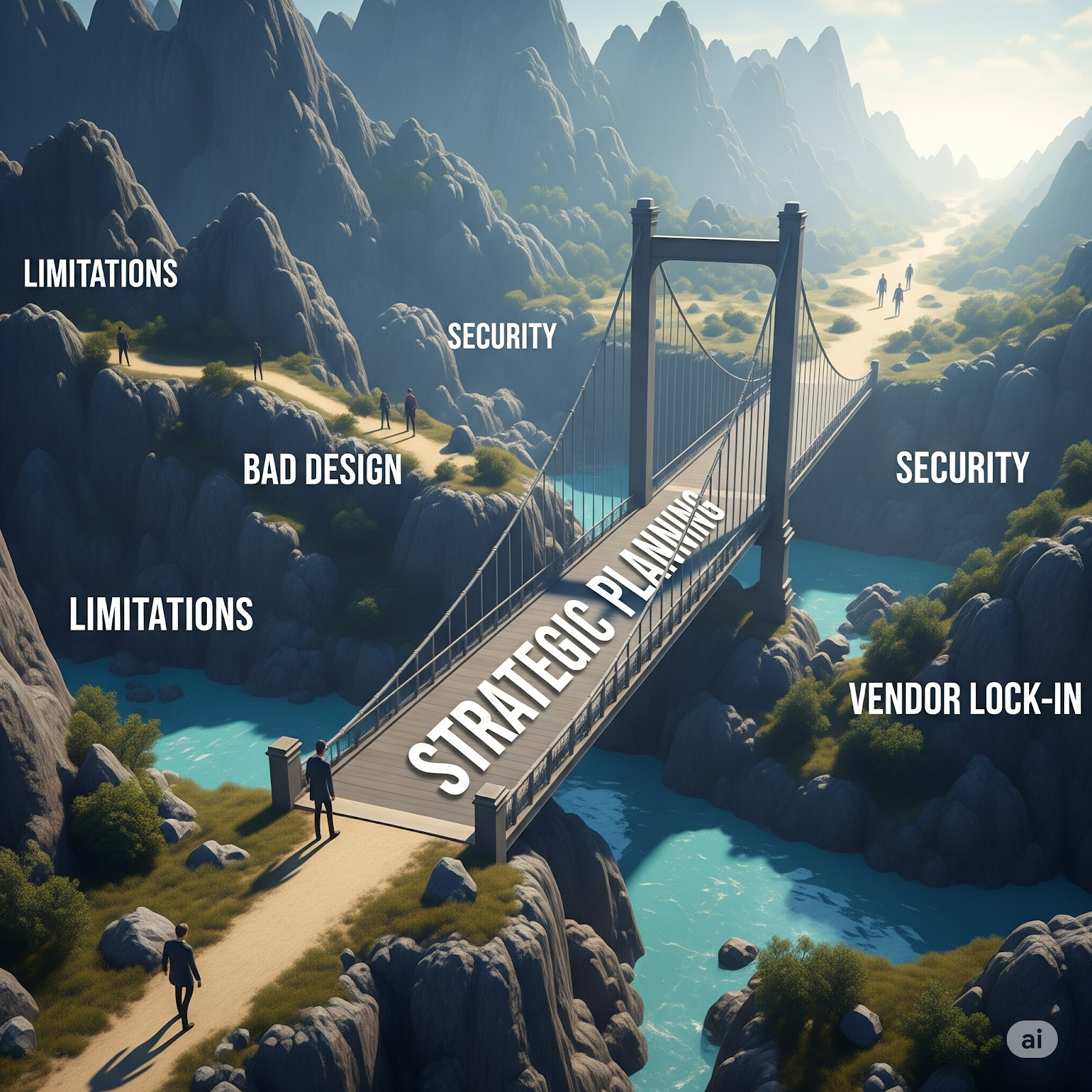 Illustration of overcoming no-code challenges like platform limitations, poor design, vendor lock-in, and security concerns with strategic planning for B2B.