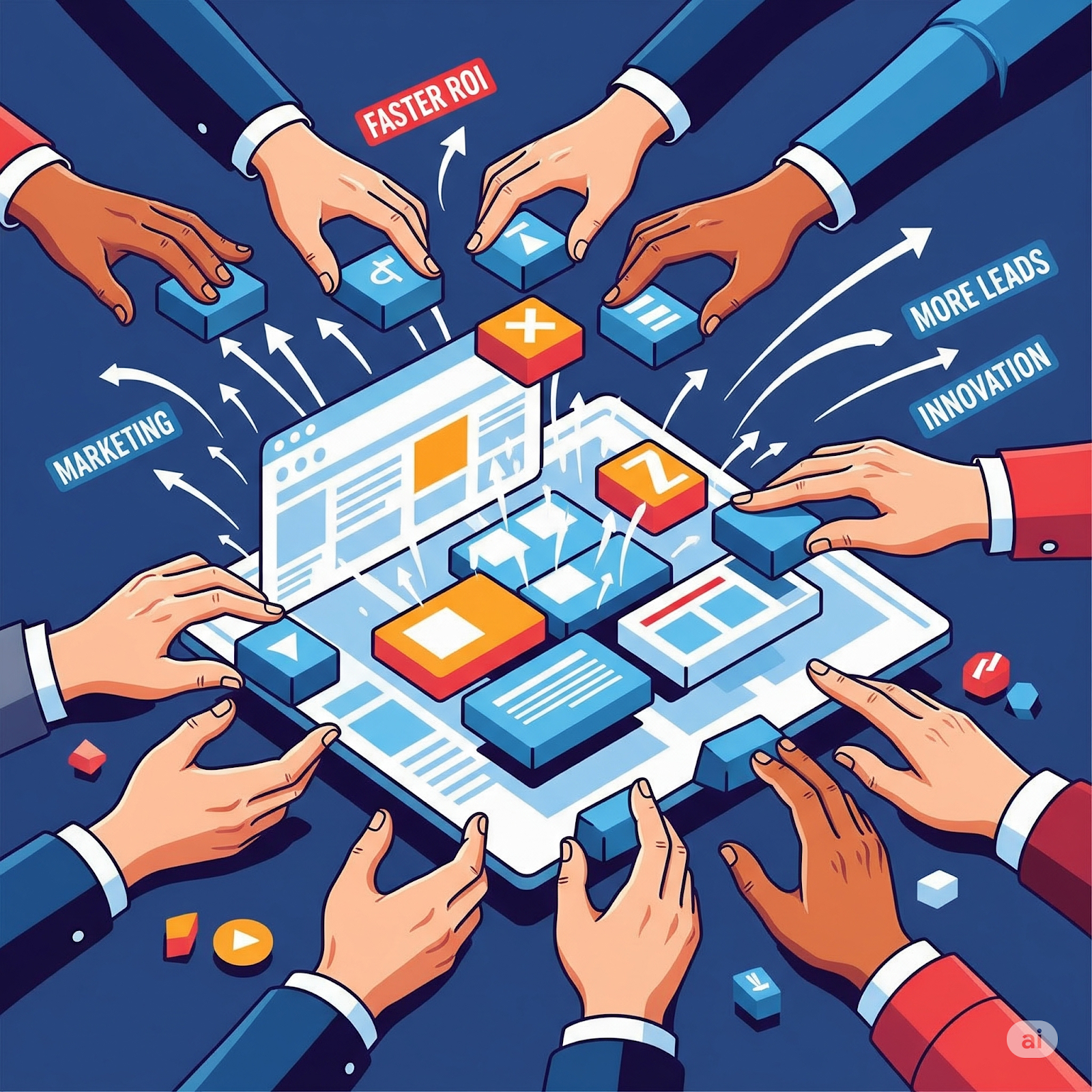 Hands using no-code platform to quickly build a scalable B2B website, demonstrating rapid development and business growth.