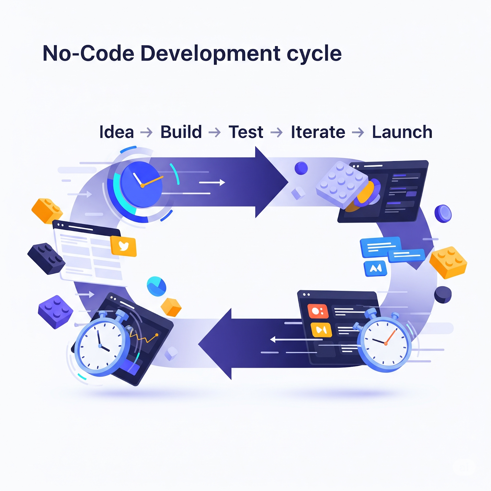 Agile no-code development cycle Rapid prototyping, iteration, and deployment for continuous improvement.