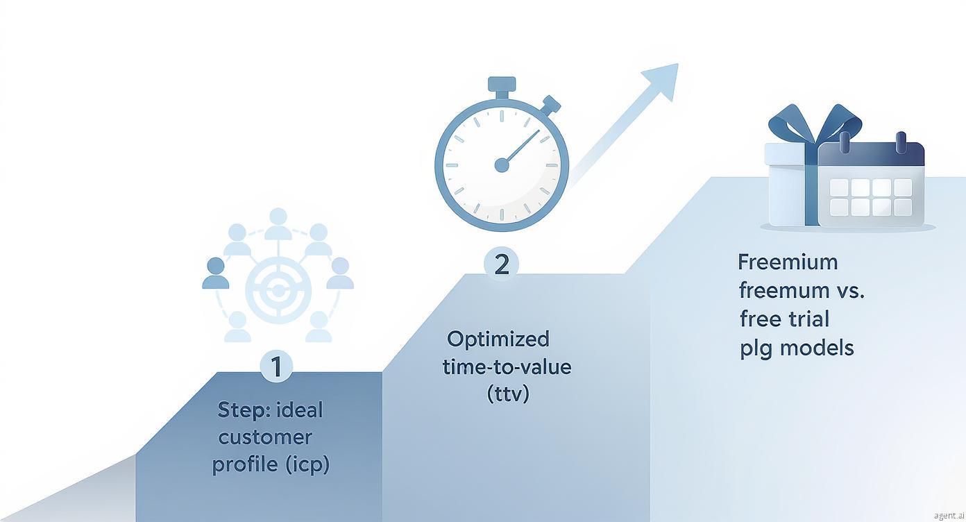 Infographic showing ascending steps for a B2B PLG strategic framework, with icons for Ideal Customer Profile (ICP), Time-to-Value (TTV), and Freemium vs. Free Trial choice.