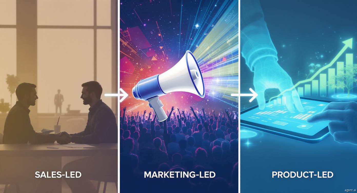 Triptych comparing Sales-Led, Marketing-Led, and Product-Led Growth models through visuals of direct sales, broad marketing, and product-led user interaction.
