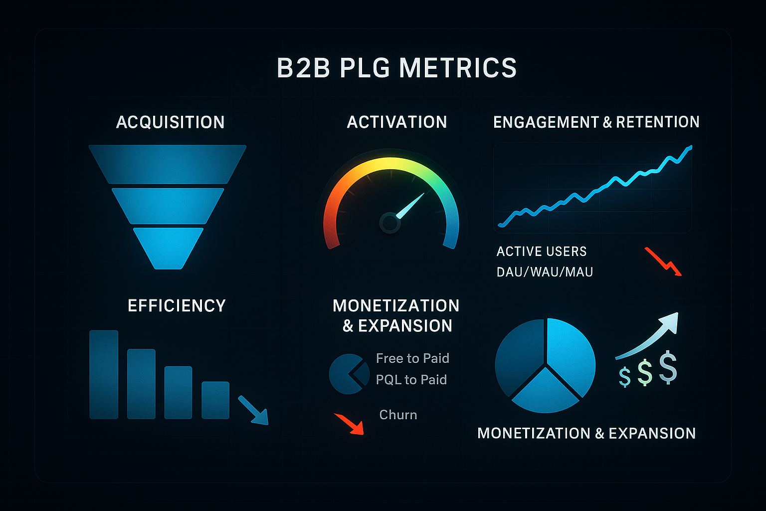 Dynamic digital dashboard displaying key B2B PLG metrics conversion funnel, TTV, retention, revenue expansion, and Customer Acquisition Cost (CAC).