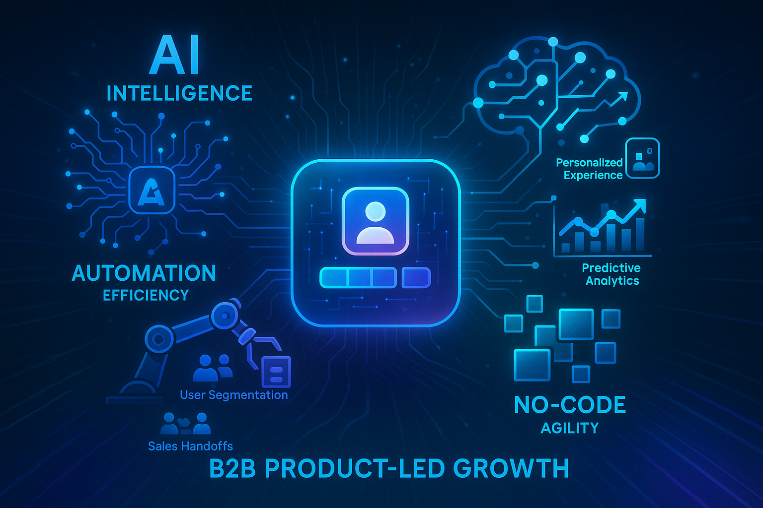 Futuristic visual showing the synergy of AI, Automation, and No-Code powering B2B PLG, centered around a glowing product interface.