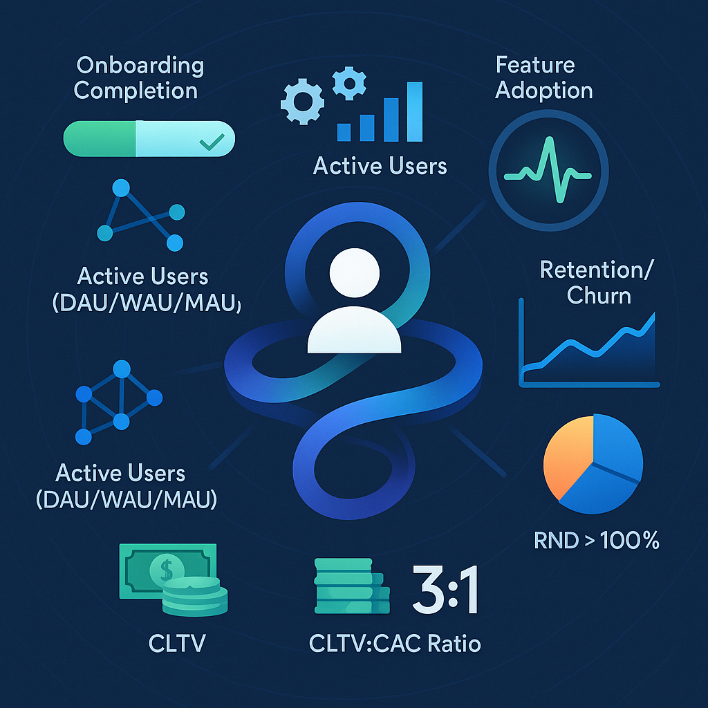 Dynamic visual representing B2B customer value and retention metrics, including onboarding, feature adoption, active users, health score, retentionchurn (NDR), and CLTV with CLTVCAC ratio.