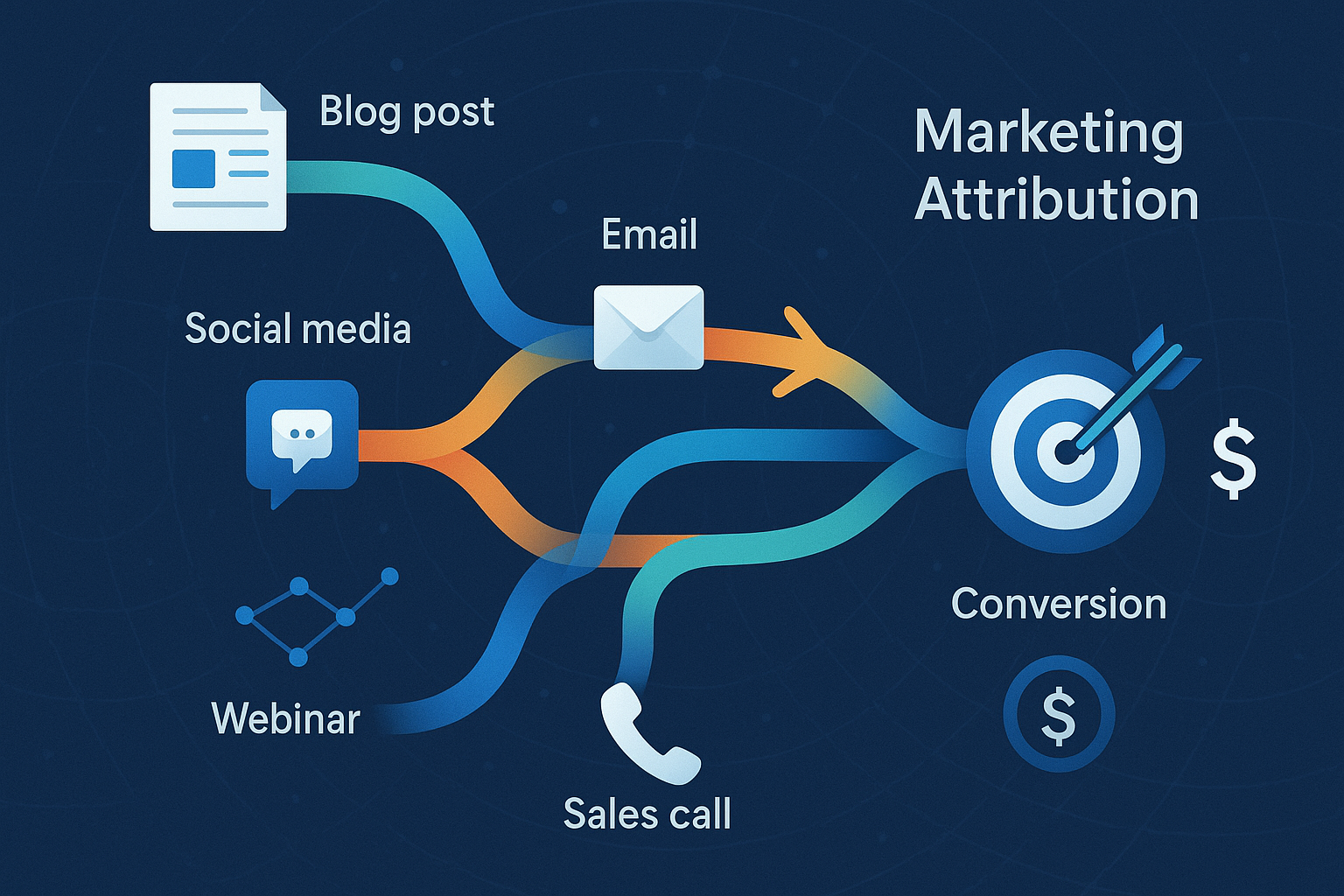 Complex visual illustrating B2B marketing attribution, showing multiple touchpoints (blog, social, email, sales) on a winding journey converging towards a conversion, representing different attribution models.