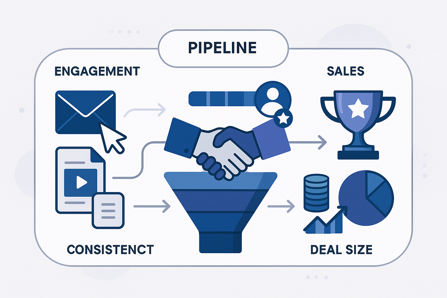 Dynamic visual of a B2B marketing and sales pipeline, showing lead nurturing, PQL handoffs, and sales performance metrics.
