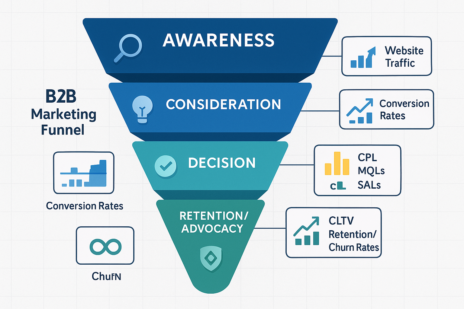 Visual of a B2B marketing funnel (Awareness, Consideration, Decision, RetentionAdvocacy) surrounded by icons representing key metrics like traffic, conversion, CPL, MQLs, SQLs, CAC, CLTV, and retention.