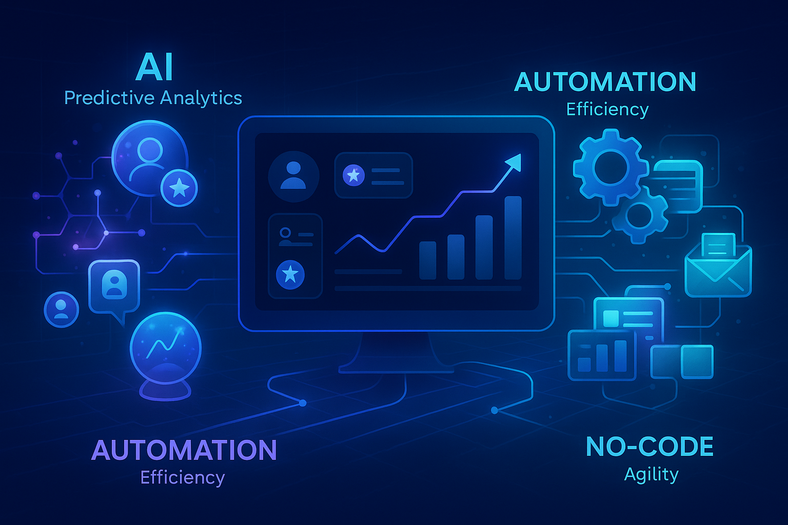 Dynamic visual illustrating the integration of AI, Automation, and No-Code in B2B growth marketing, showing predictive analytics, automated dashboards, and agile no-code solutions enhancing metrics.