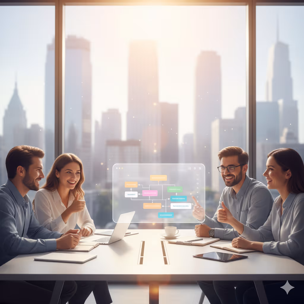 Four smiling business professionals giving thumbs up around a table with a glowing, transparent no-code marketing automation workflow diagram floating above it, with a modern city skyline in the background.