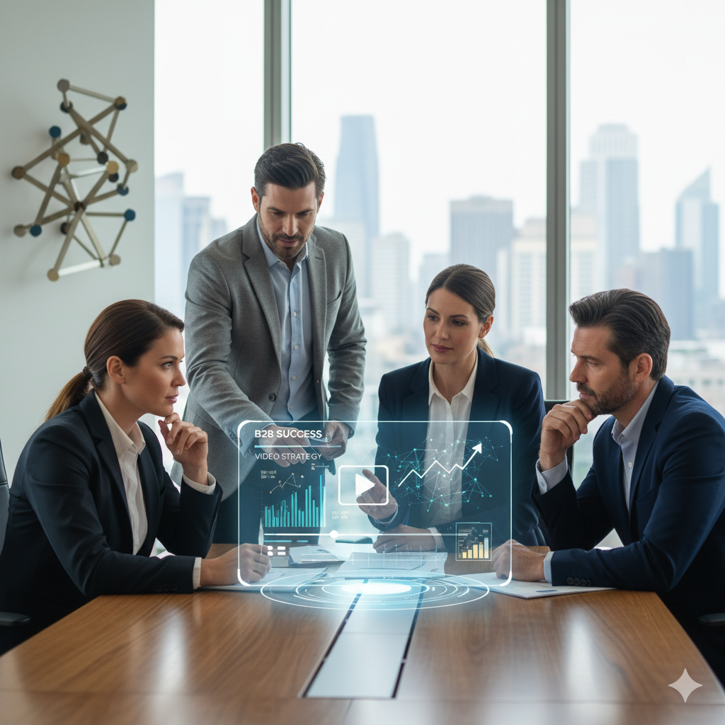  Infographic showing the B2B video marketing funnel, featuring icons for increased engagement, trust building, lead generation, and a central video player with data graphics and business people.