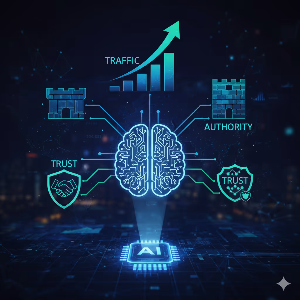Holographic AI brain powering increased Traffic (upward chart), strong Authority (castle), and established Trust (shield/handshake)