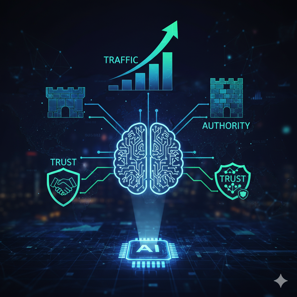 Holographic AI brain powering increased Traffic (upward chart), strong Authority (castle), and established Trust (shield/handshake)