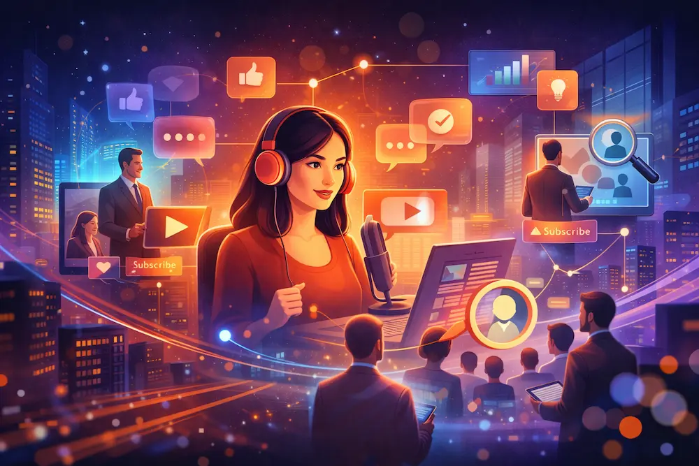 Digital illustration showing an industry expert influencing B2B decision makers through content, analytics, and social engagement.