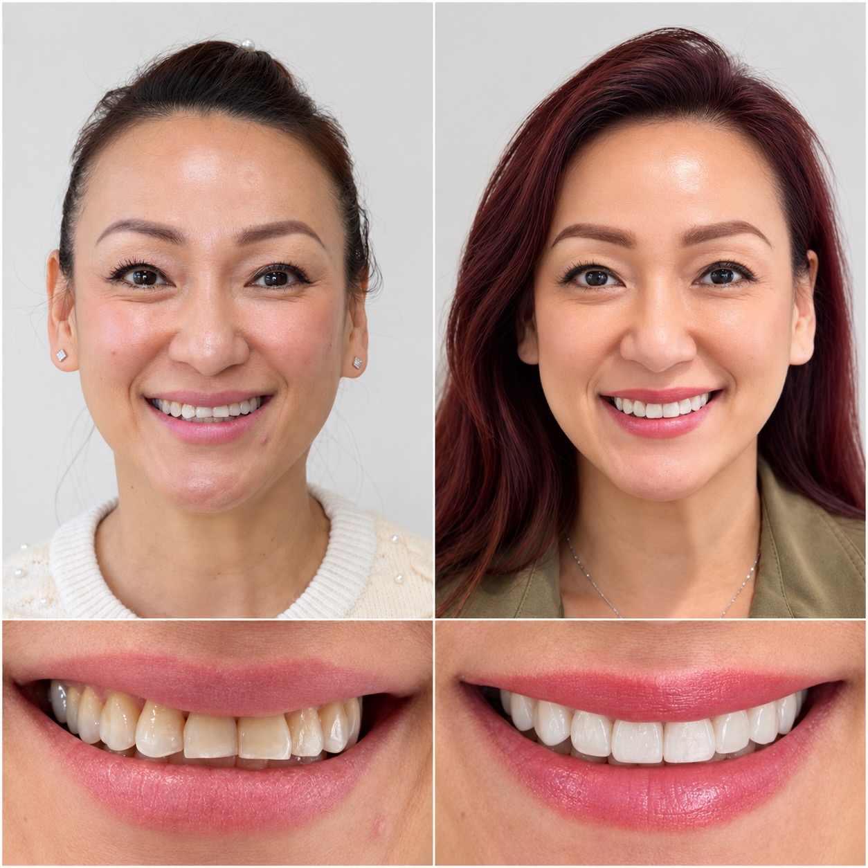 Before and after comparison of Oceanic's patient's smile showing dental improvement with no-prep veneers; top left and bottom left show her natural teeth with slight discoloration and unevenness, while top right and bottom right display a brighter, whiter, and more even smile with veneers.