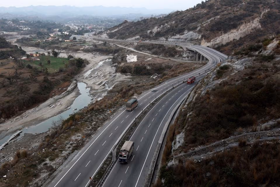 Vehicles travel on the Jammu-Srinagar highway in Jammu on Feburary 1, 2018. India in its annual... [+] budget February 1 expanded its infrastructure spending. (Photo credit: RAKESH BAKSHI/AFP/Getty Images)