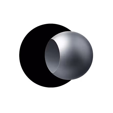 Minimalist circular shape with a black dot centered on a white and gray textured background.