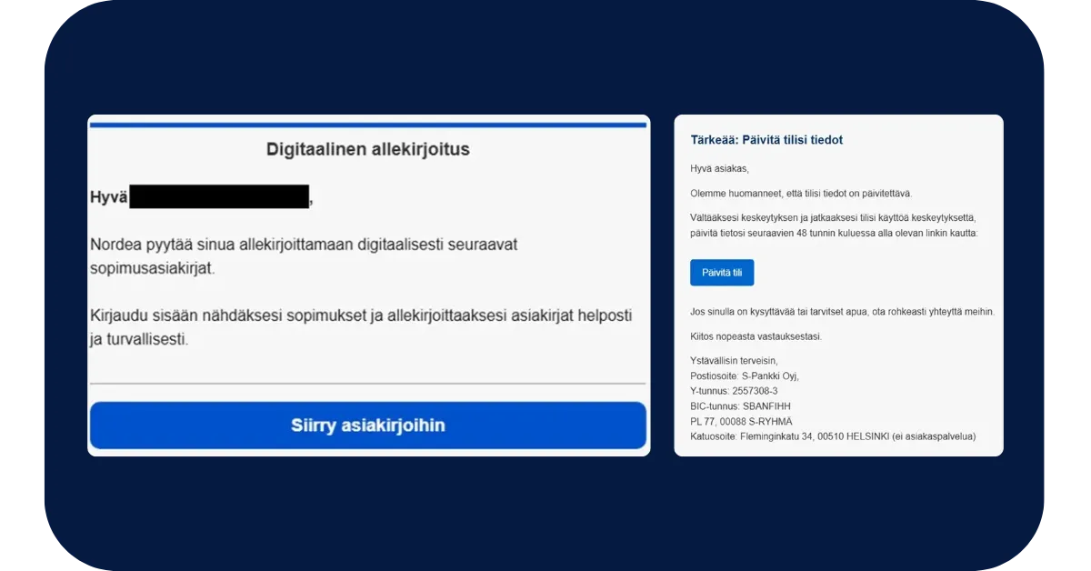 Esimerkki: Huijausviestit Pankkikalastelua (Nordea ja S-Pankki)