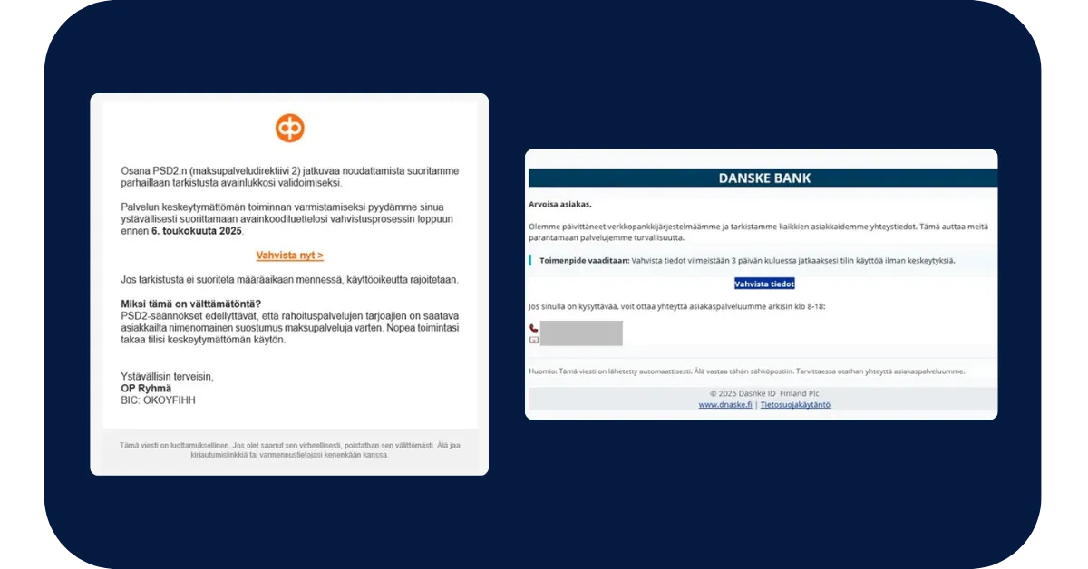 Esimerkki: Huijausviestit Pankkikalastelua (OP ja Danske Bank)