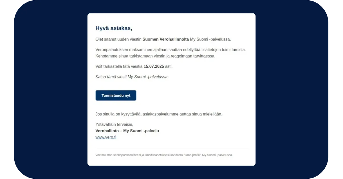 Esimerkki: Verohallinnon nimissä saapunut huijausviesti