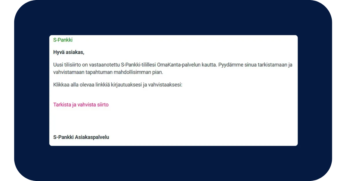 Esimerkki: S-Pankin nimissä saapunut huijausviesti
