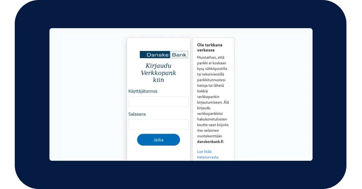 Esimerkki: Danske Bankin kirjautumisnäkymäksi naamioitu huijaussivu