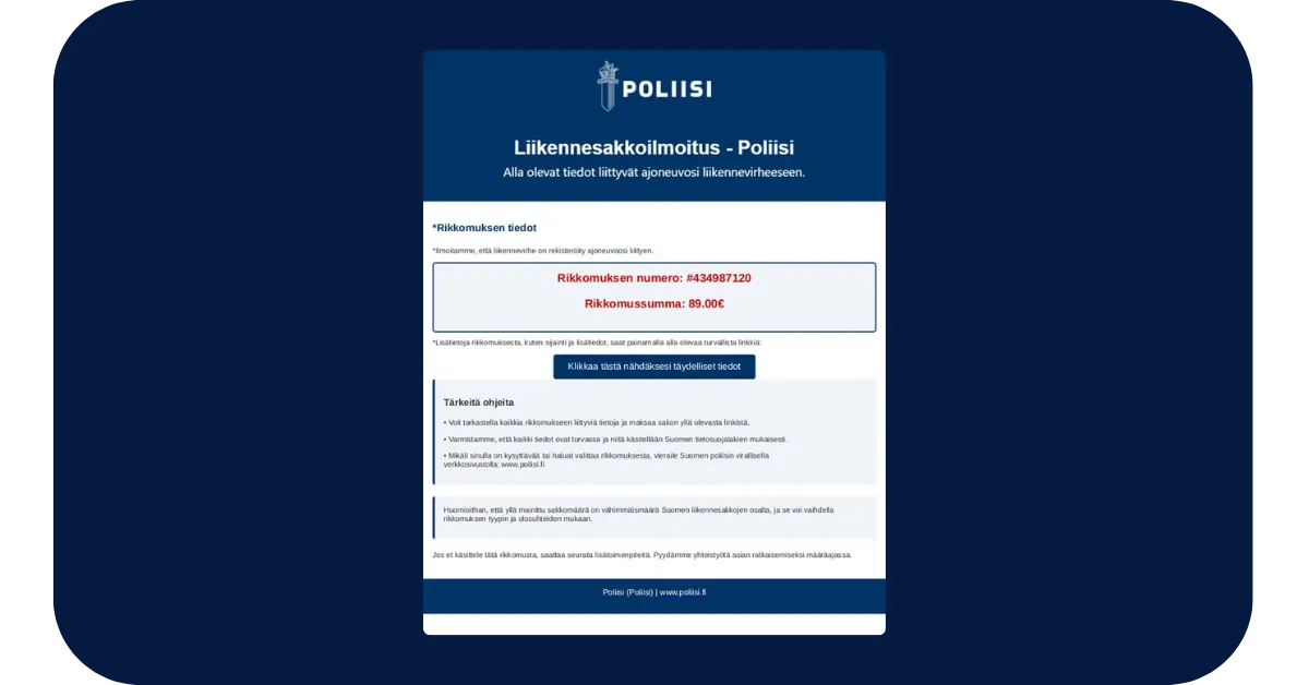Esimerkki: Väärennetty sakkoilmoitus Poliisilta