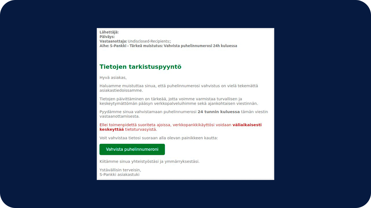 Esimerkki: Hujausviesti S-Pankin nimissä