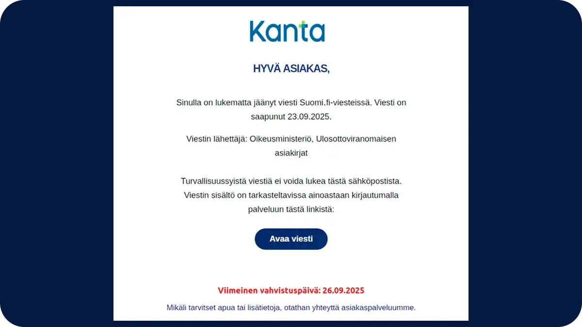 Esimerkki Kanta-palvelun nimissä lähetetystä huijausviestistä
