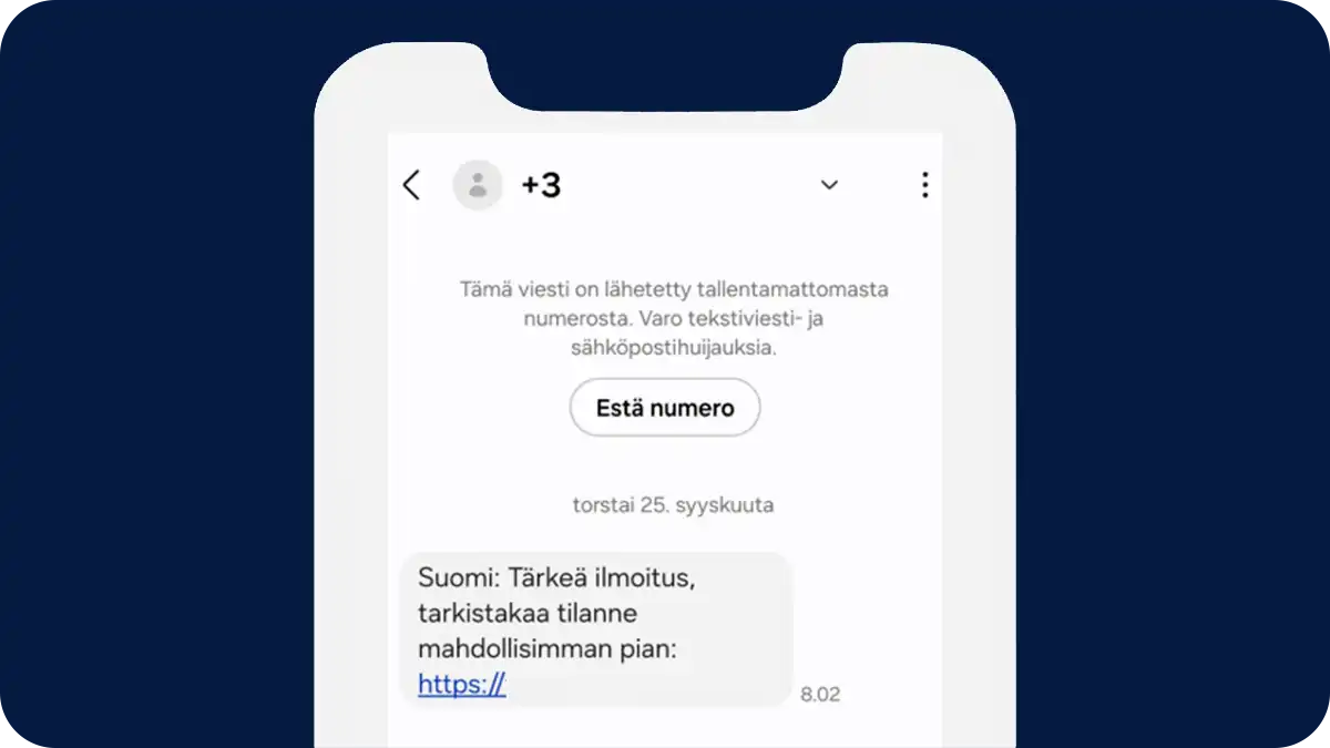 Esimerkki Suomi.fi:n nimissä lähetetystä huijausviestistä