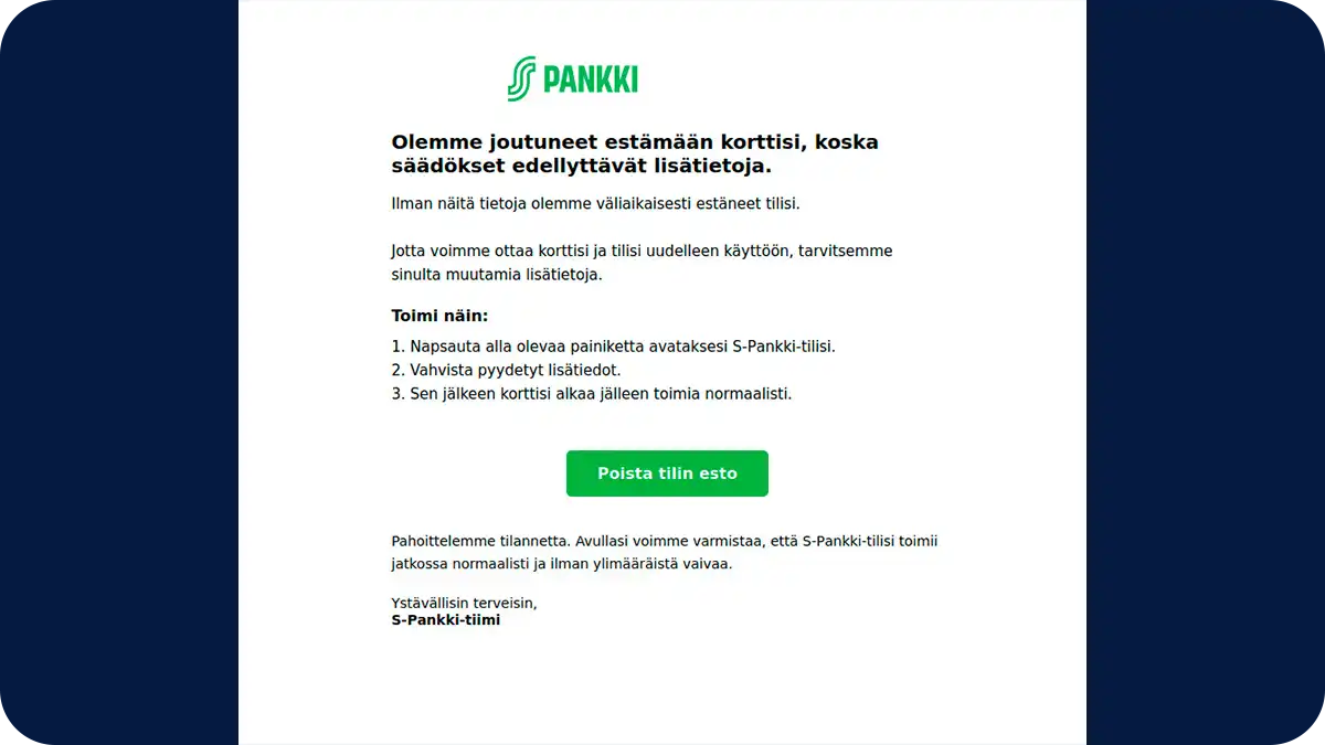 Esimerkki S-Pankin nimissä lähetetystä huijausviestistä