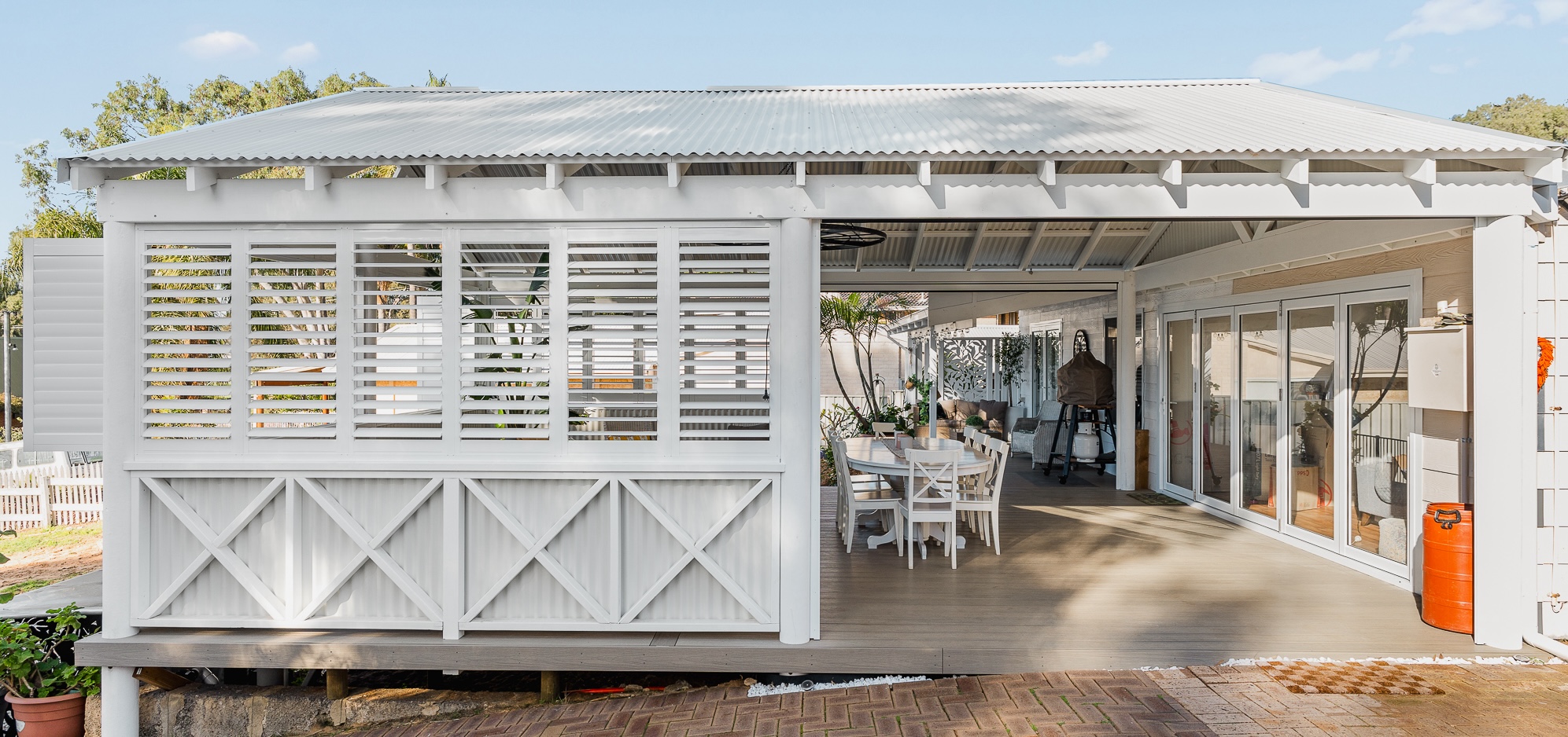Deck and pergola white french windows venetian blinds