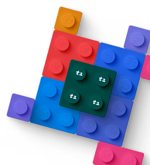 Multicolored LEGO blocks labeled with cryptocurrency and blockchain names like VELO, OP, BASE, ETH, ARB, GMX, and UNI.