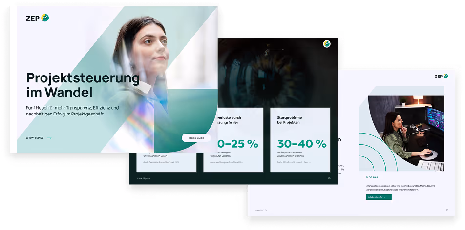 Zwei Tablets, Vorderseite zeigt Titel '5 Checks für mehr Kontrolle im Projektgeschäft' mit Auge im Hintergrund, Rückseite zeigt Textabschnitt und grüne Gestaltung.