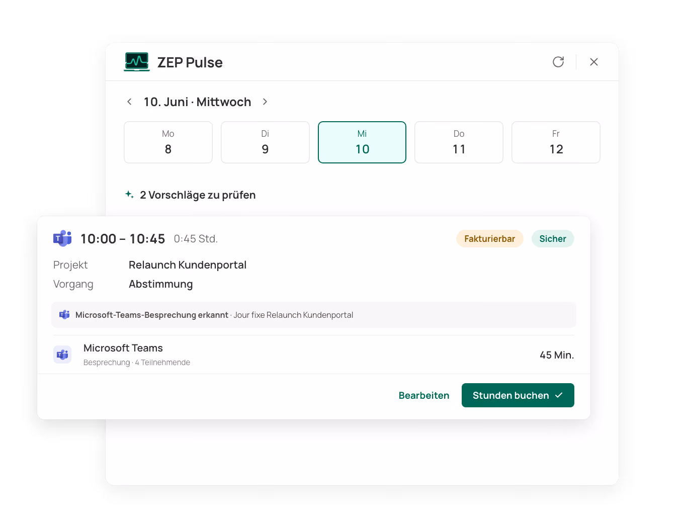 ZEP Pulse zeigt zwei hohe Konfidenzvorschläge für Fortbildung mit App-Aktivitäten und Zeitdetails.