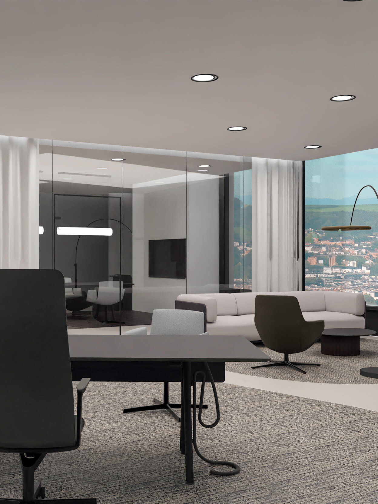 Modernes Vorstandsbüro mit eleganter Einrichtung, Glaswänden und Ausblick